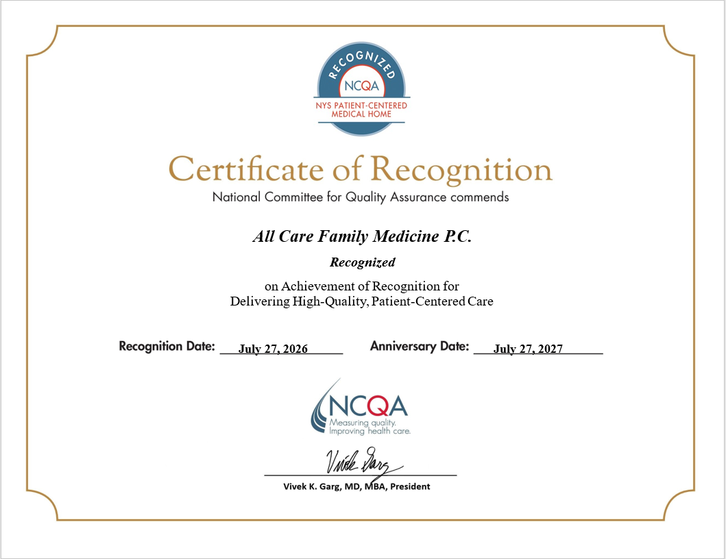 NCQA Certificate of Recognition for All Care Family Medicine P.C.